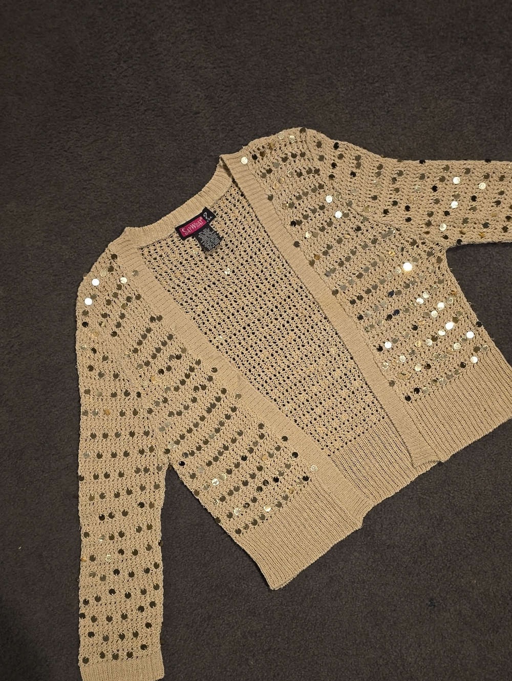 Say What? Tan Sequin Open-Weave Cardigan